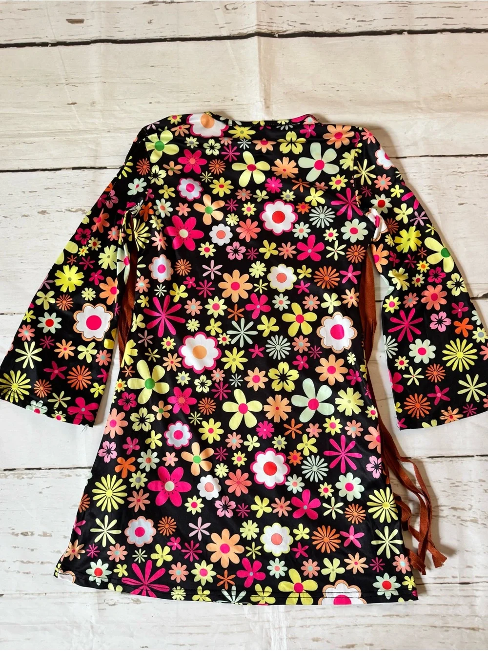 Girls' Black Floral Hippie Costume Dress with Brown Fringe Vest 6 piece VGUC